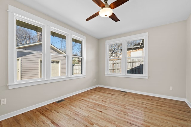 spare room featuring ceiling fan and light hardwood / wood-style floors