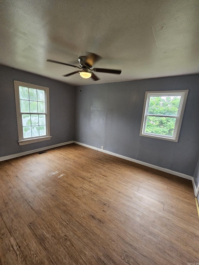 spare room featuring a wealth of natural light, a textured ceiling, and light wood-type flooring