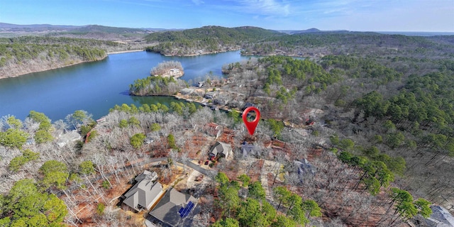 birds eye view of property with a water and mountain view