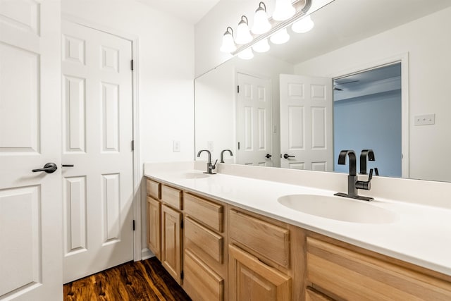 bathroom with hardwood / wood-style flooring and vanity