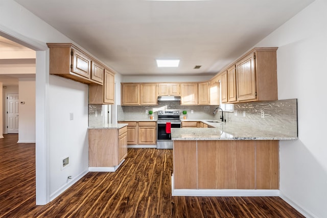 kitchen with sink, stainless steel range with electric stovetop, dark hardwood / wood-style floors, light stone countertops, and light brown cabinetry