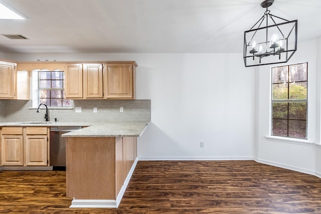 kitchen with sink, hanging light fixtures, dark hardwood / wood-style flooring, decorative backsplash, and stainless steel dishwasher