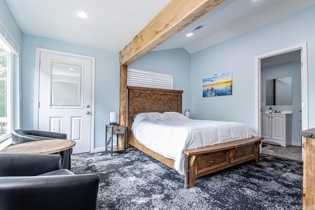 carpeted bedroom featuring vaulted ceiling with beams