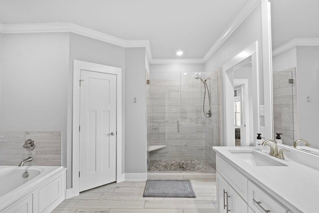 bathroom featuring crown molding, vanity, and plus walk in shower