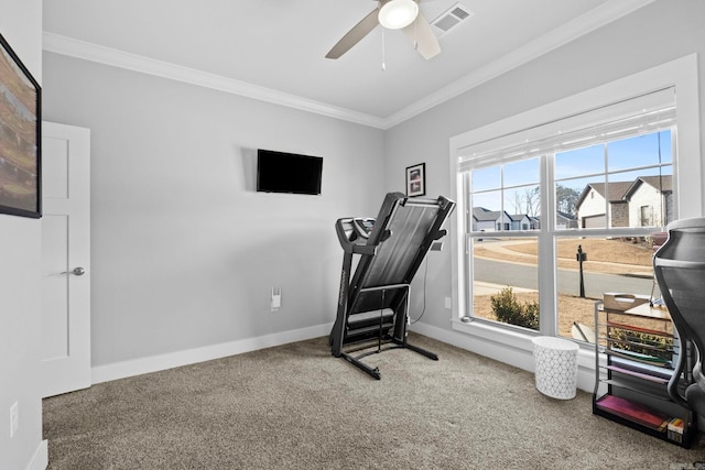 workout area featuring crown molding, carpet flooring, and ceiling fan