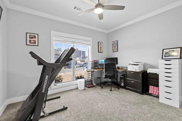 carpeted office featuring ceiling fan and ornamental molding