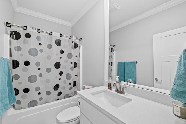 full bathroom featuring vanity, ornamental molding, toilet, and shower / bath combo