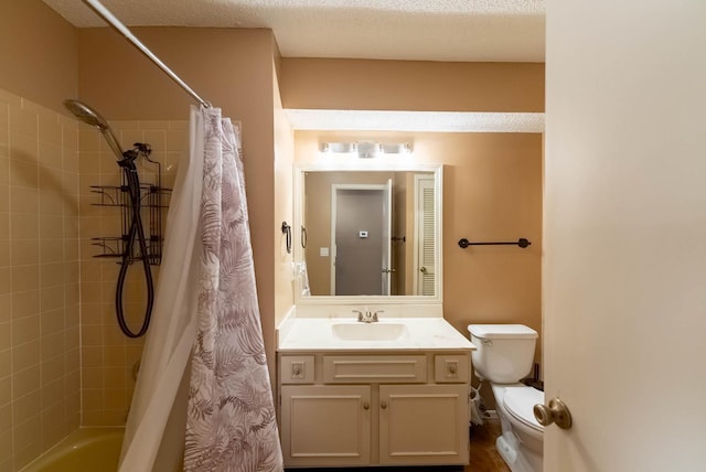 full bathroom with vanity, shower / bathtub combination with curtain, a textured ceiling, and toilet