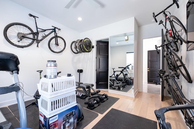 workout area featuring ceiling fan and light wood-type flooring