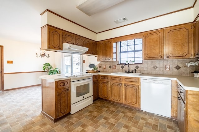 kitchen with sink, crown molding, kitchen peninsula, white appliances, and decorative backsplash