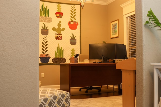 office space with crown molding and carpet floors