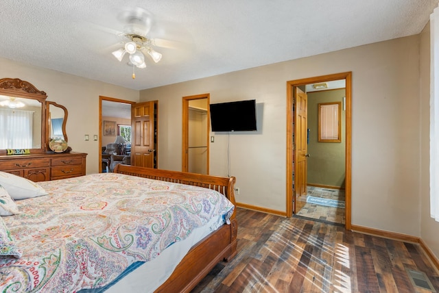 bedroom featuring dark hardwood / wood-style flooring, ceiling fan, multiple windows, and a textured ceiling