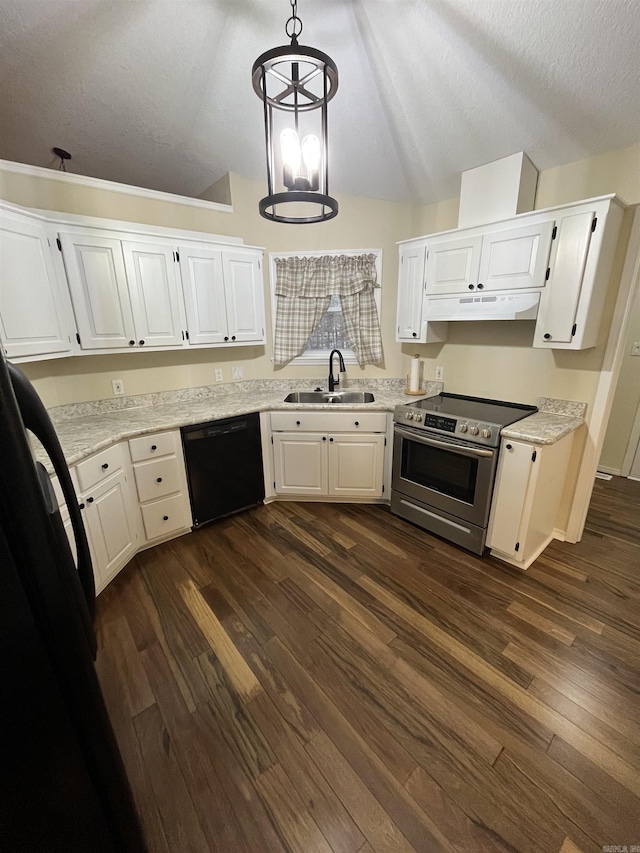 kitchen with white cabinetry, sink, pendant lighting, and black appliances