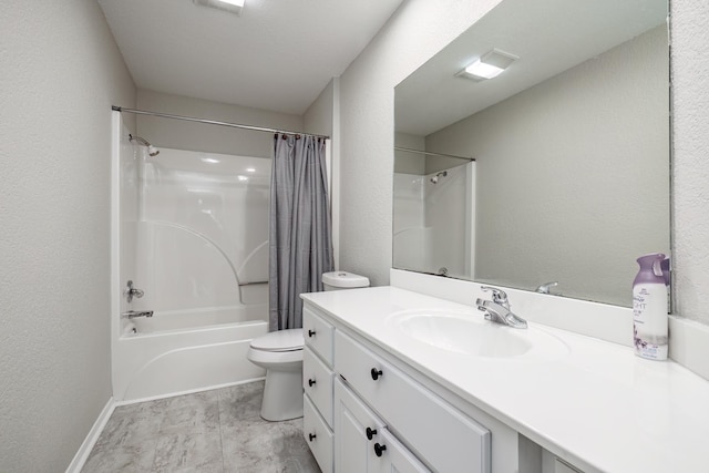 full bathroom with toilet, vanity, and shower / bathtub combination with curtain