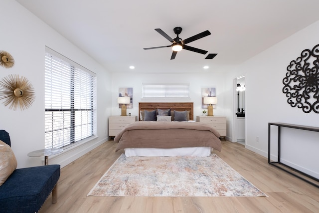 bedroom featuring ceiling fan and light wood-type flooring