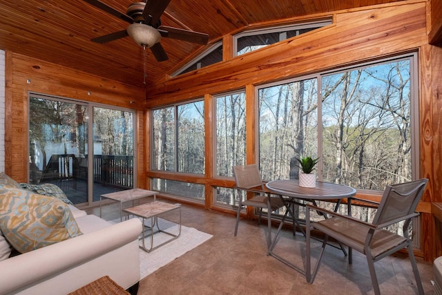 sunroom / solarium with vaulted ceiling, a wealth of natural light, and wooden ceiling