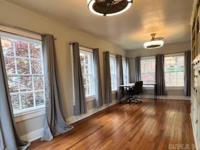 unfurnished office featuring hardwood / wood-style floors and a healthy amount of sunlight