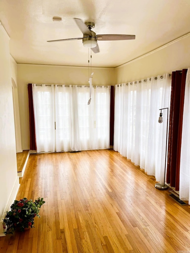 spare room with ceiling fan and light wood-type flooring