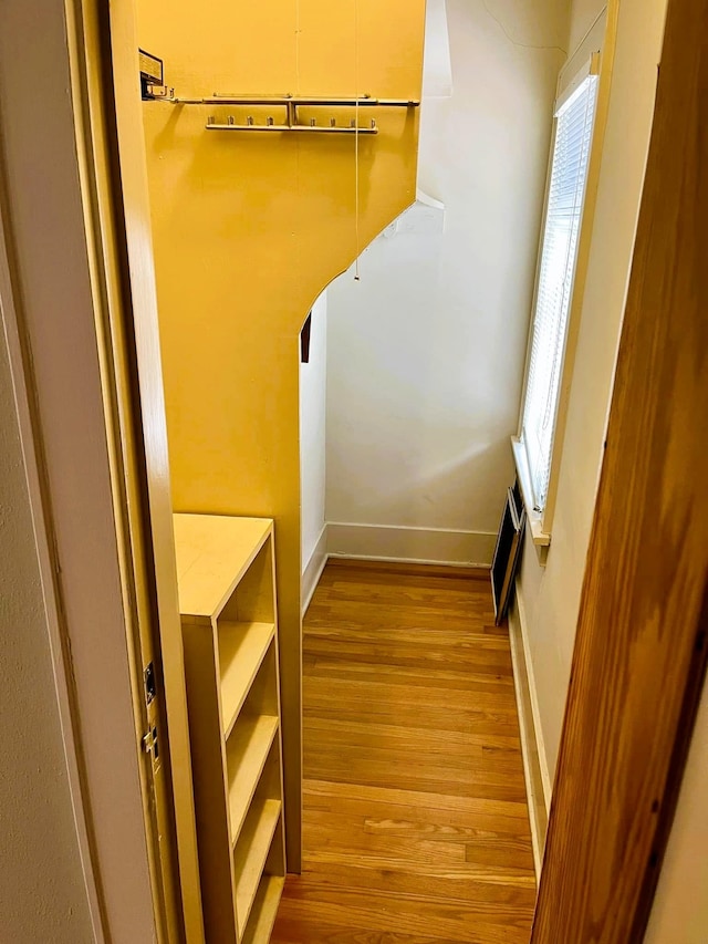 walk in closet with light hardwood / wood-style floors