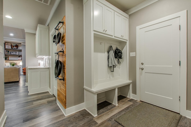 mudroom with crown molding and dark hardwood / wood-style floors