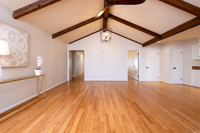 unfurnished living room with lofted ceiling with beams, an inviting chandelier, and light wood-type flooring