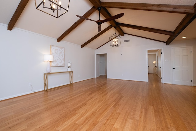 unfurnished living room featuring vaulted ceiling with beams, ceiling fan with notable chandelier, and light wood-type flooring