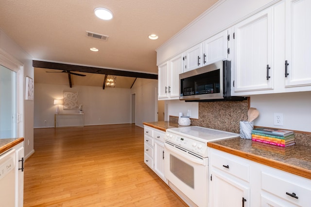 kitchen featuring backsplash, white cabinets, white appliances, ceiling fan, and light wood-type flooring