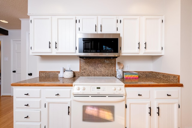 kitchen with crown molding, light hardwood / wood-style floors, white cabinets, and white range with electric stovetop