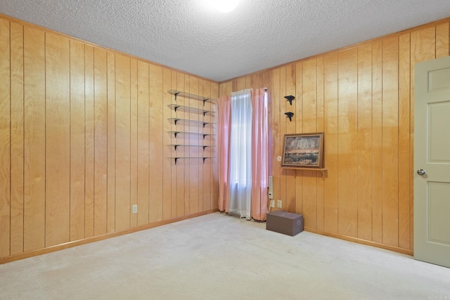 empty room with wooden walls, a textured ceiling, and carpet flooring