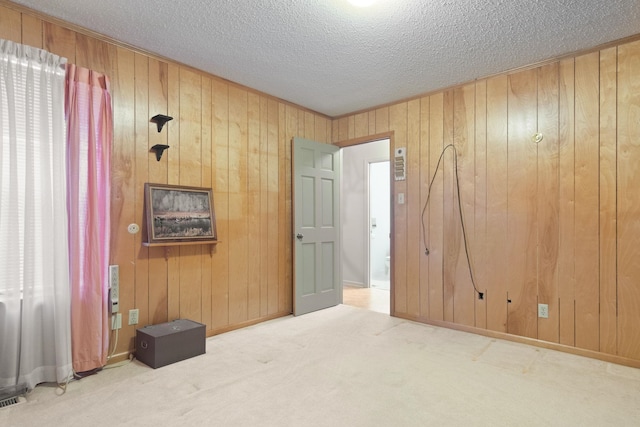 interior space featuring carpet floors, a textured ceiling, and wood walls