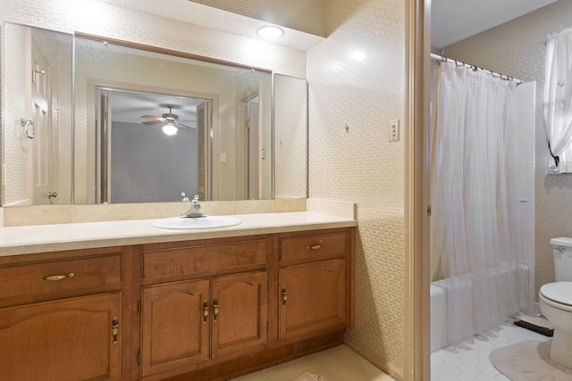 full bathroom with tile patterned floors, vanity, toilet, and shower / bath combo