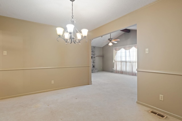 unfurnished room with crown molding, light colored carpet, ceiling fan with notable chandelier, and vaulted ceiling