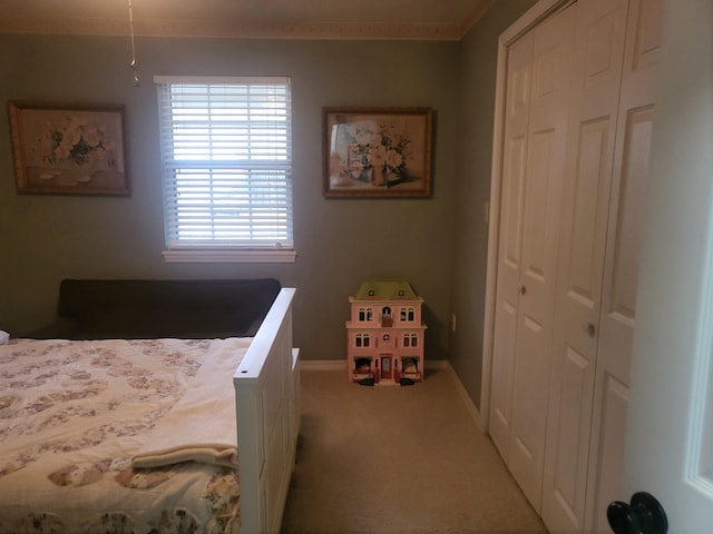 carpeted bedroom with crown molding and a closet