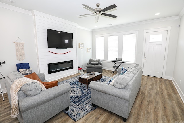 living room with hardwood / wood-style flooring, ornamental molding, and a large fireplace