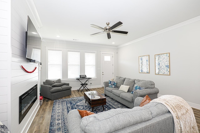 living room with ornamental molding, wood-type flooring, ceiling fan, and a fireplace