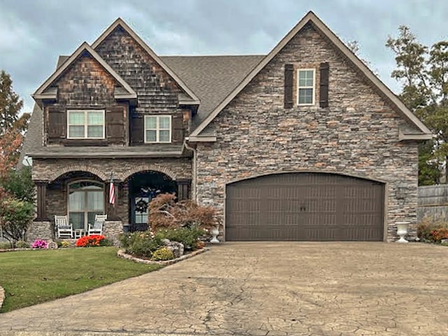 view of front of home with a porch, a garage, and a front lawn