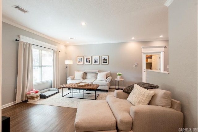 living room with ornamental molding and wood-type flooring