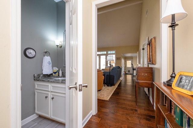 corridor featuring dark wood-type flooring and sink