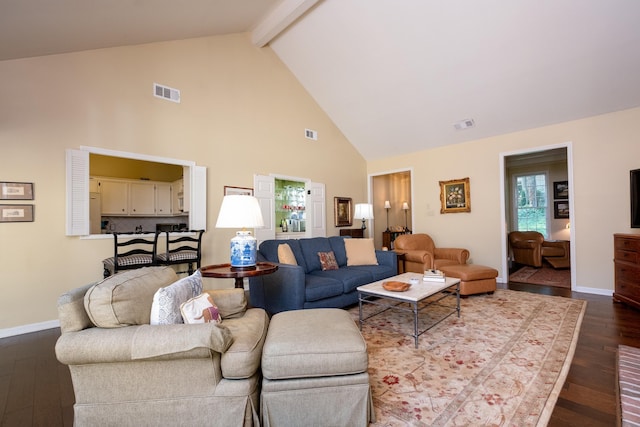 living room with dark hardwood / wood-style flooring, beam ceiling, and high vaulted ceiling