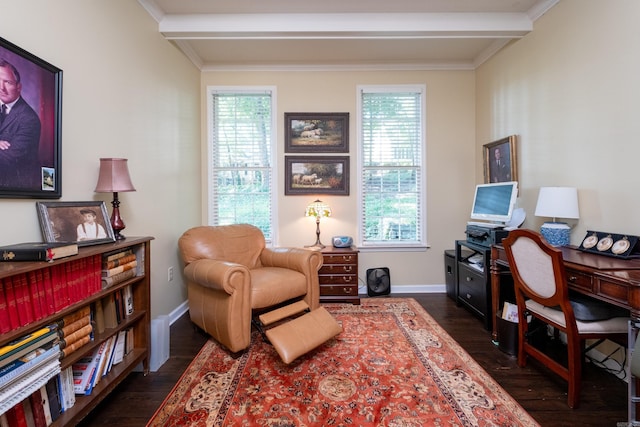 office with dark hardwood / wood-style flooring, beam ceiling, and ornamental molding