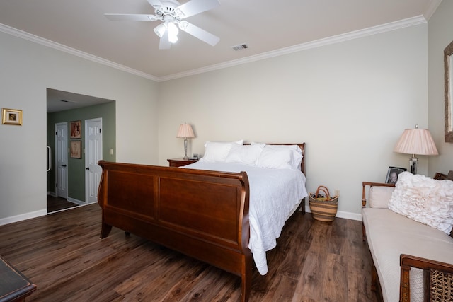 bedroom featuring ceiling fan, ornamental molding, and dark hardwood / wood-style floors