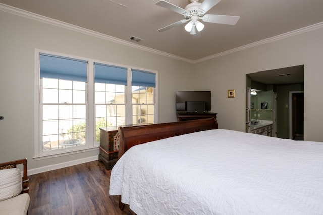 bedroom featuring dark wood-type flooring, ceiling fan, and crown molding