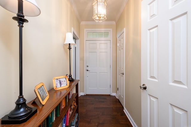 doorway to outside featuring ornamental molding and dark hardwood / wood-style flooring