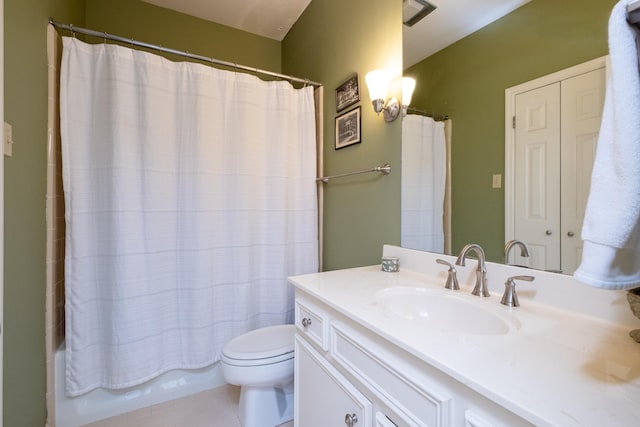 full bathroom featuring shower / bathtub combination with curtain, vanity, toilet, and tile patterned flooring