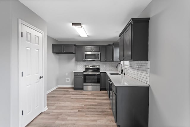 kitchen with sink, backsplash, stainless steel appliances, and light hardwood / wood-style floors