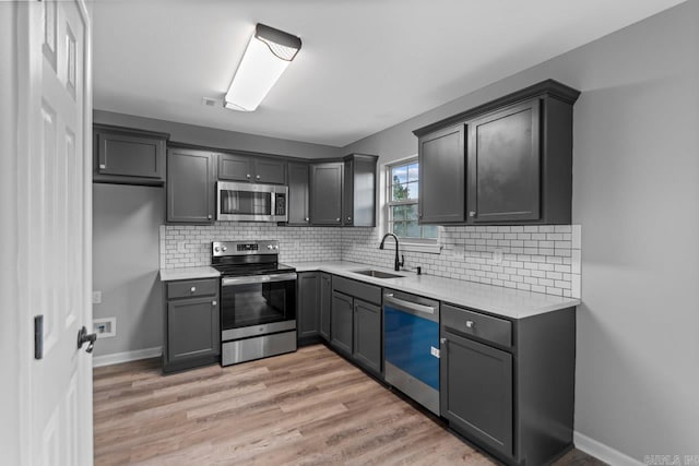 kitchen featuring tasteful backsplash, sink, gray cabinetry, stainless steel appliances, and light hardwood / wood-style flooring