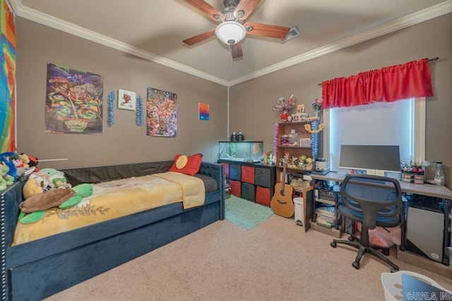 carpeted bedroom featuring crown molding