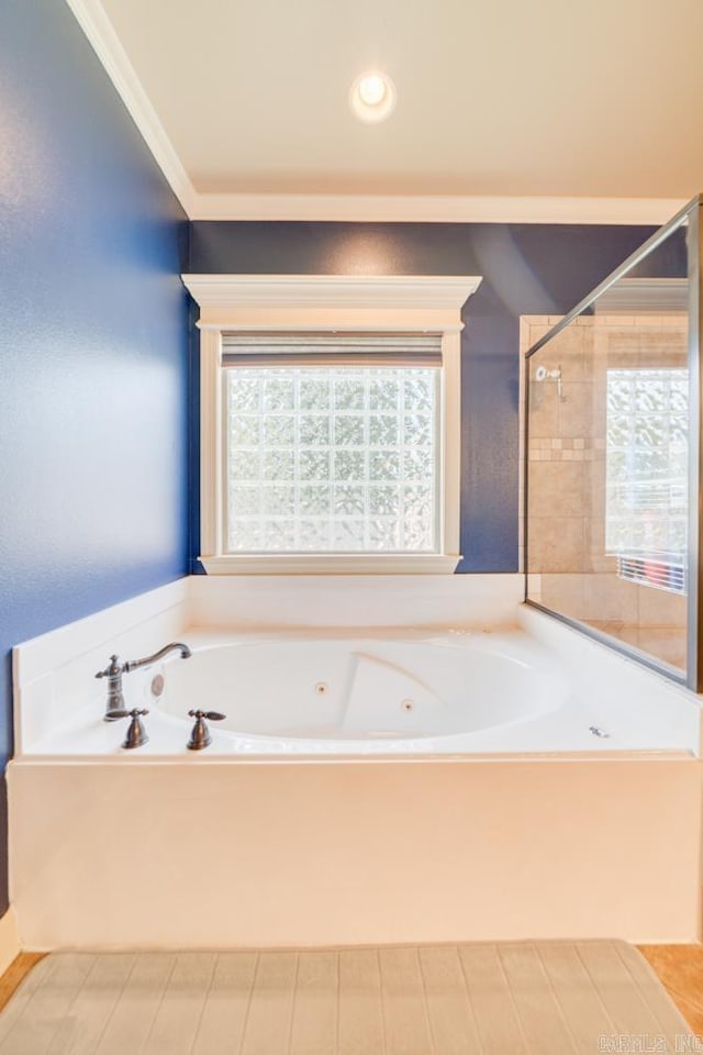 bathroom with crown molding and a bathtub