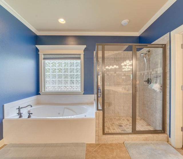 bathroom with crown molding, tile patterned floors, and separate shower and tub