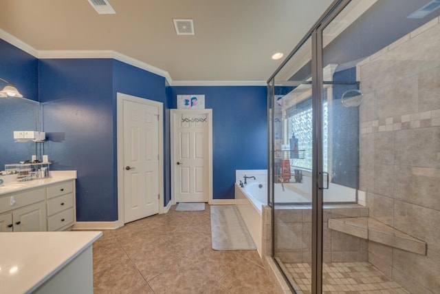 bathroom featuring crown molding, separate shower and tub, vanity, and tile patterned floors